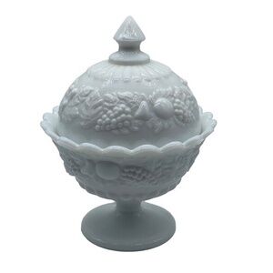 Vintage Westmoreland Milk Glass Cover Candy Dish Grape/Fruit Vine Pattern